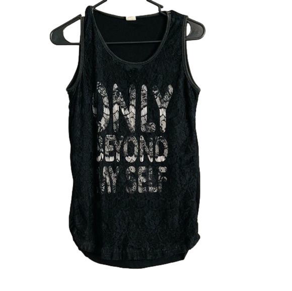 Black Lace Overlay White Graphic Lettering Tank Top Only Beyond Myself - Picture 1 of 5